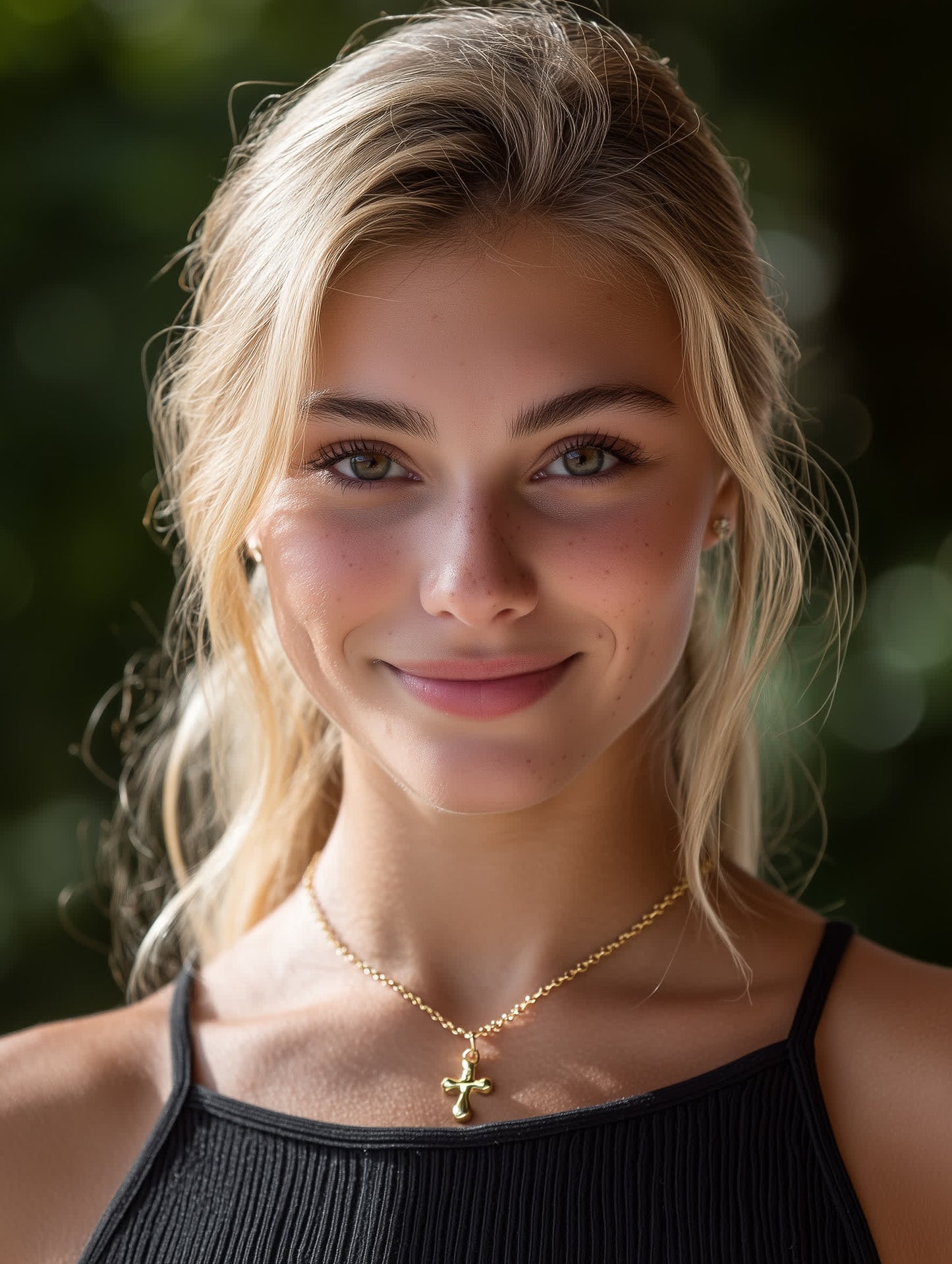 Model wearing the Living Water Sculptural Cross Necklace, showing elegant styling of the modern gold cross design