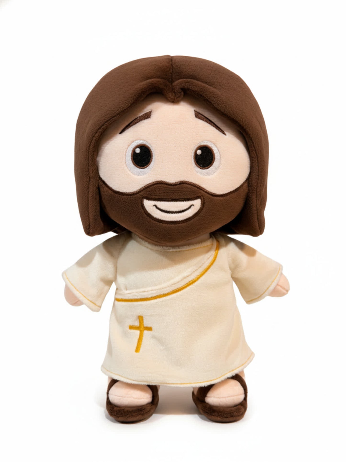 Jesus Plush toy resembling a religious figure with brown hair and white robe on a white background