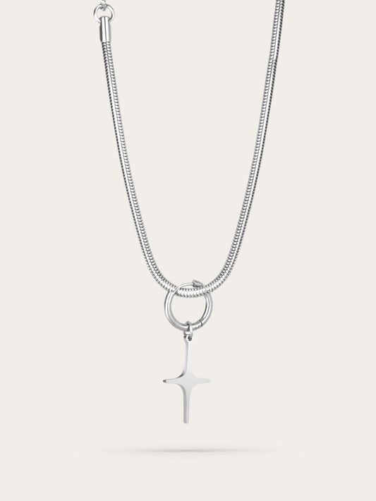 True North brushed stainless steel cross necklace displayed flat against a clean white background, showing chain detail and pendant design.
