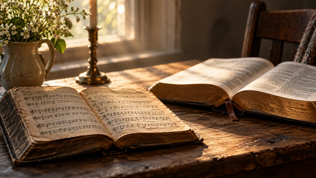 An old hymnal and open Bible in soft window light, reflecting on the story and biblical roots of Amazing Grace.