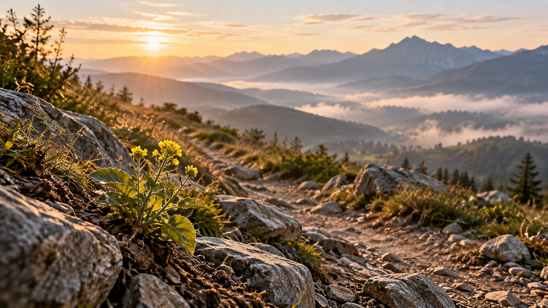 A small mustard plant beside a rocky path with a mountain ridge in the distance.