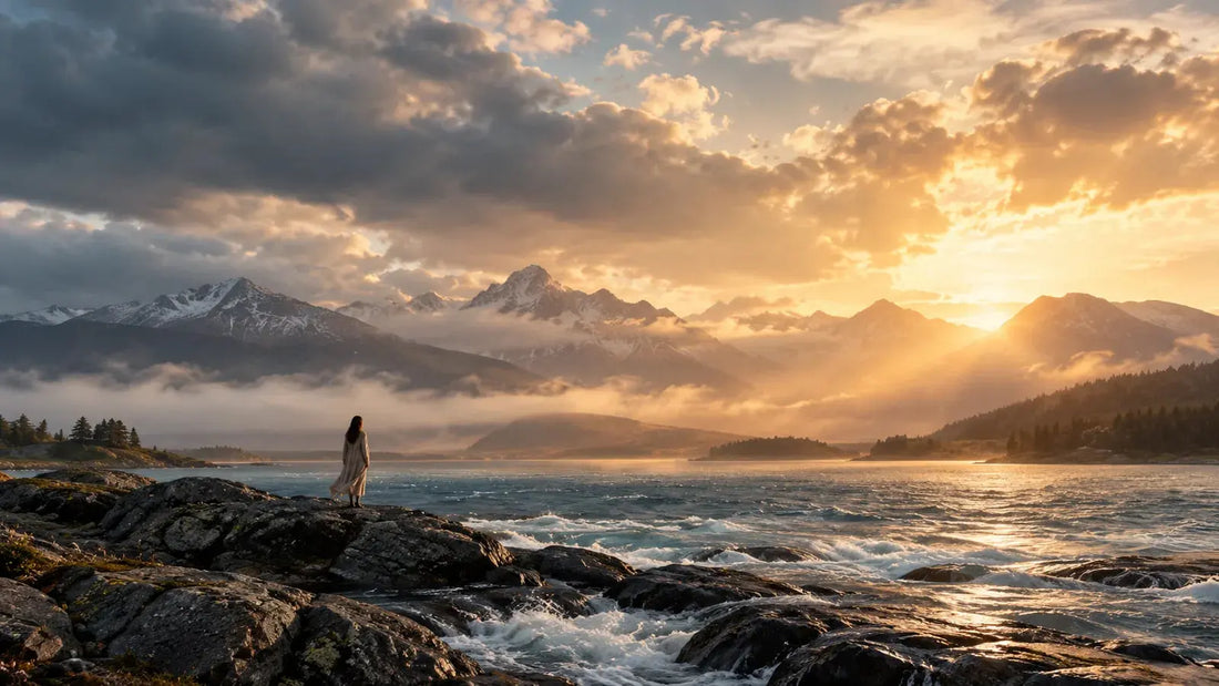 Lone person standing beside rough water and mountains as warm light breaks through storm clouds