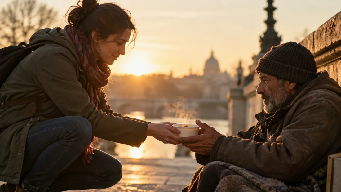 Two people sharing a simple act of kindness in warm natural light, reflecting biblical compassion in everyday life.