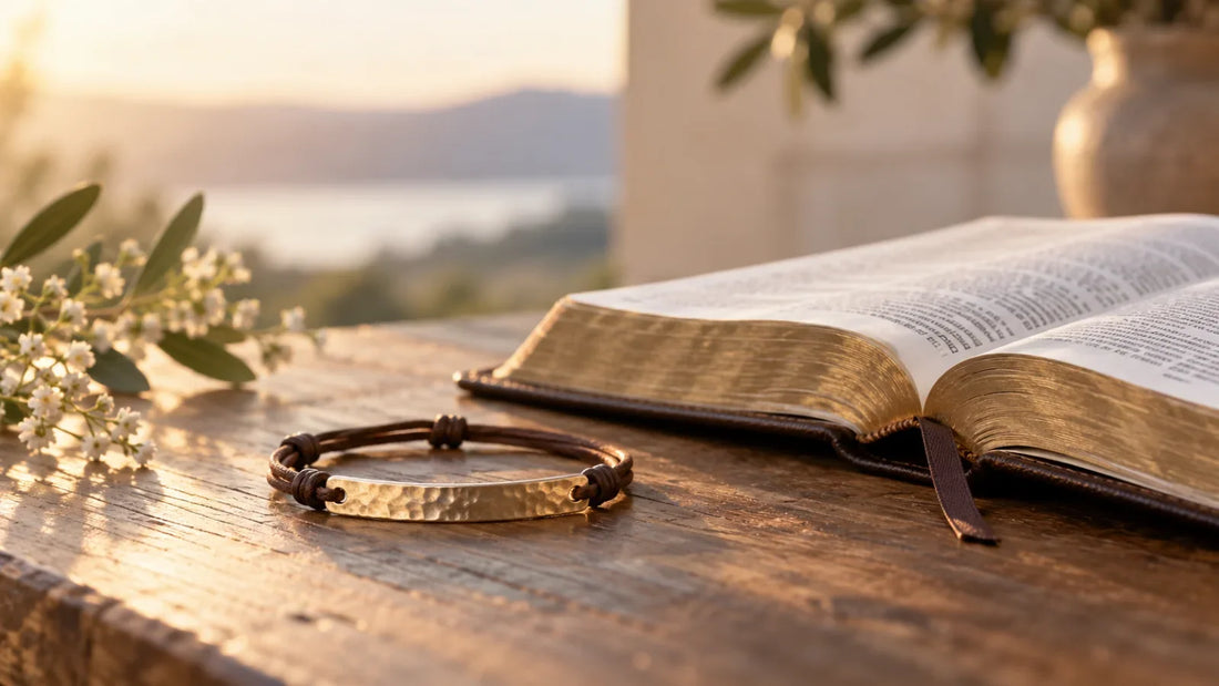 A simple Bible verse bracelet resting beside an open Bible, illustrating a thoughtful way to wear Scripture.