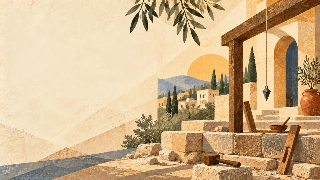 Open Bible beside house plans and tools representing wise foundations, homes, and work