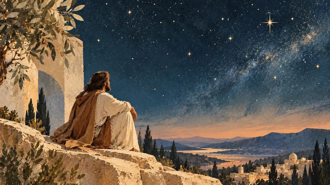 Person looking up at a star-filled night sky over a quiet landscape