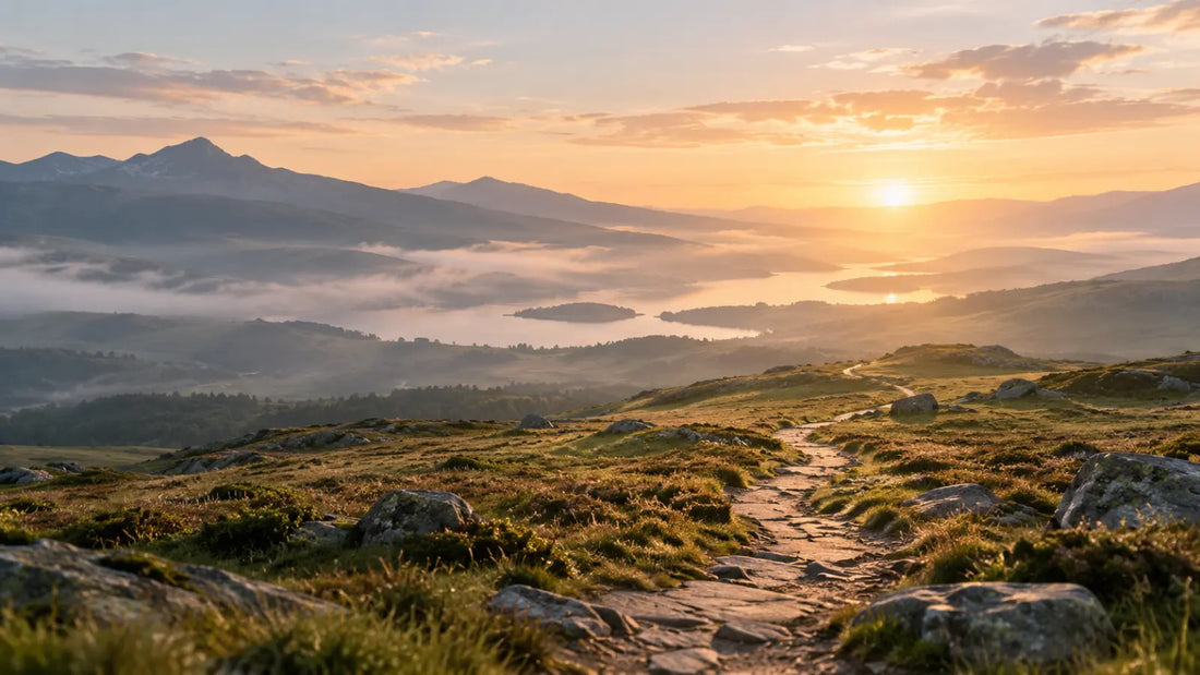 A distant path leading through a wide landscape toward morning light, reflecting biblical guidance, calling, and direction.