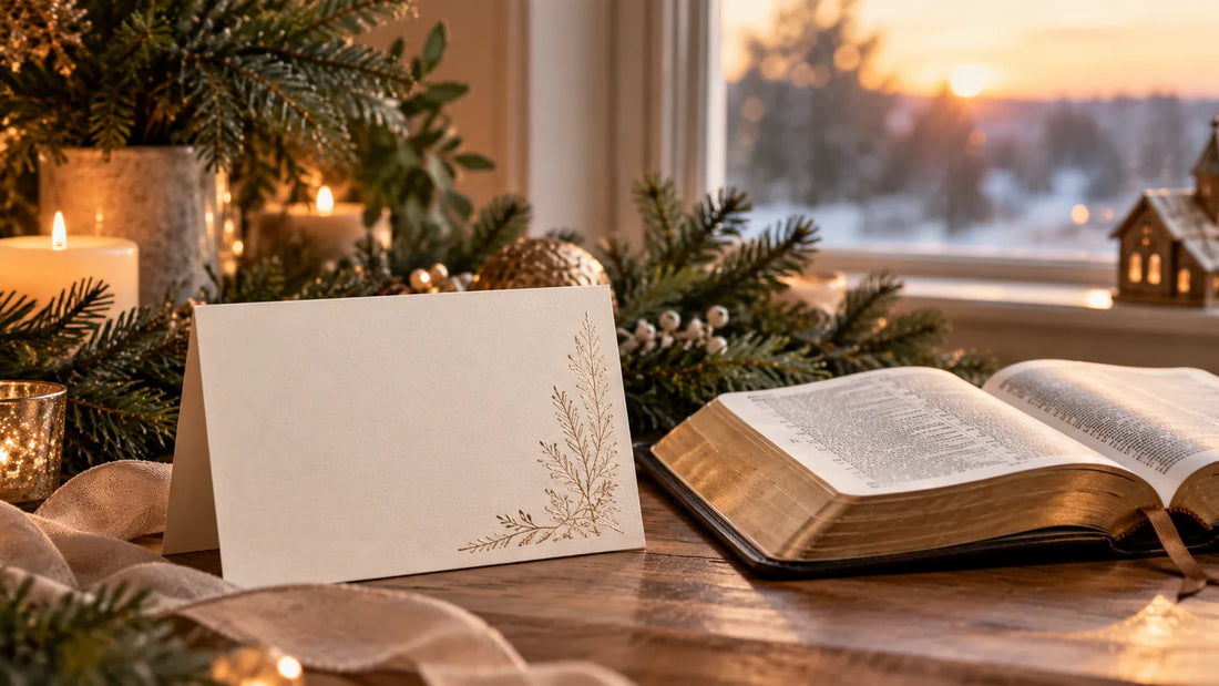 Elegant Christmas card beside an open Bible, greenery, and warm candlelight