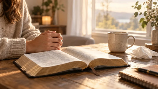 Open Bible beside folded hands, a mug and a tissue in warm morning light