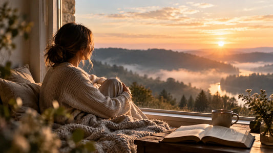 Person sitting quietly by a window with an open Bible in soft morning light