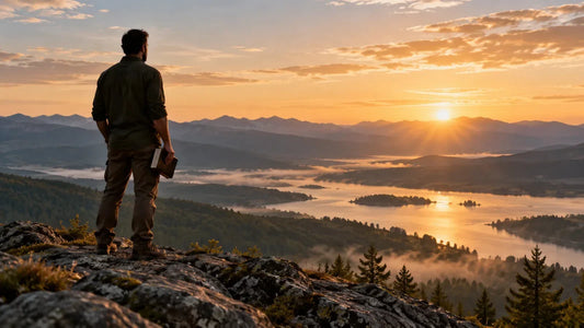 A man standing quietly at dawn with an open Bible nearby, reflecting on courage and faith.