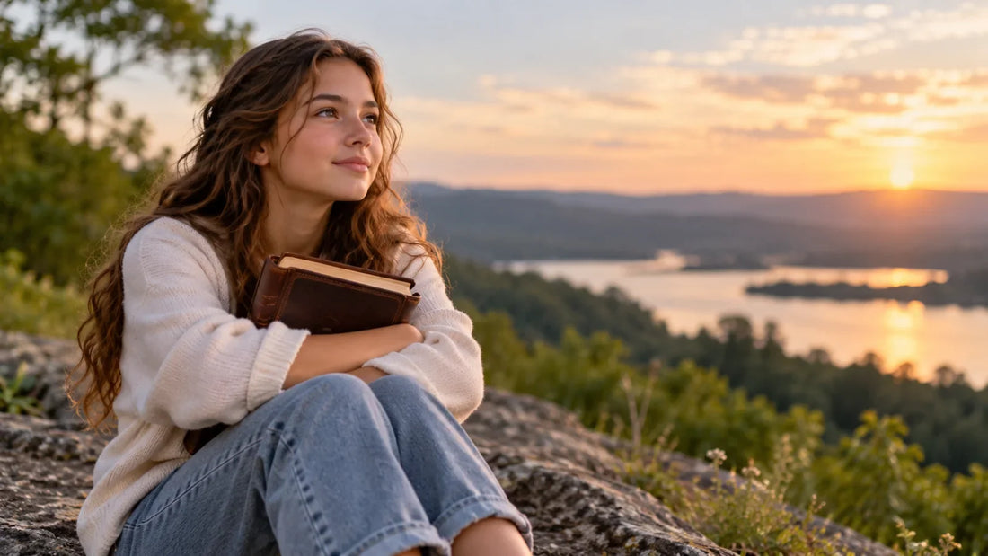 A teenage girl sitting quietly outdoors with a Bible, reflecting on identity, friendship, confidence, and faith.