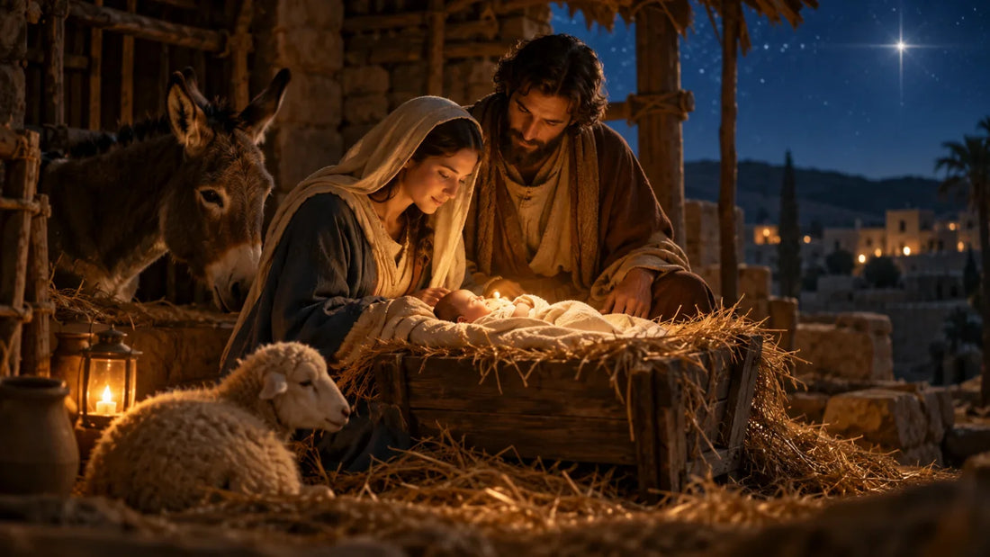 A quiet nativity scene in warm low light, reflecting the birth of Jesus in the Gospel accounts of Matthew and Luke.