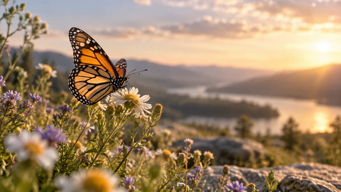A butterfly resting among wildflowers in soft natural light, illustrating a Christian reflection on transformation and renewal.