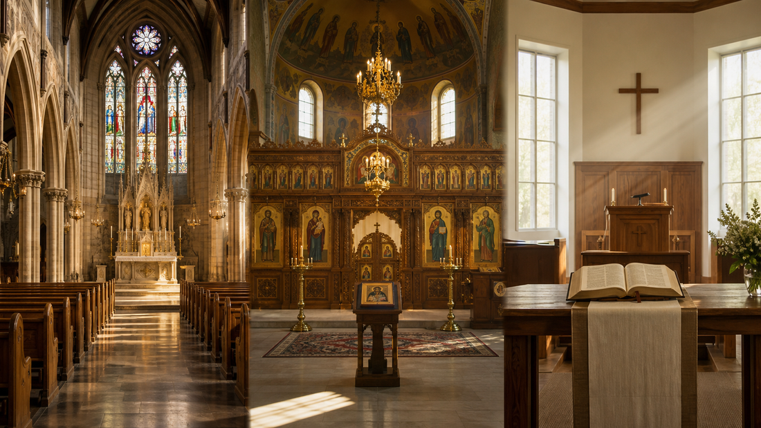 Catholic, Eastern Orthodox, and Protestant church interiors shown side by side in warm morning light