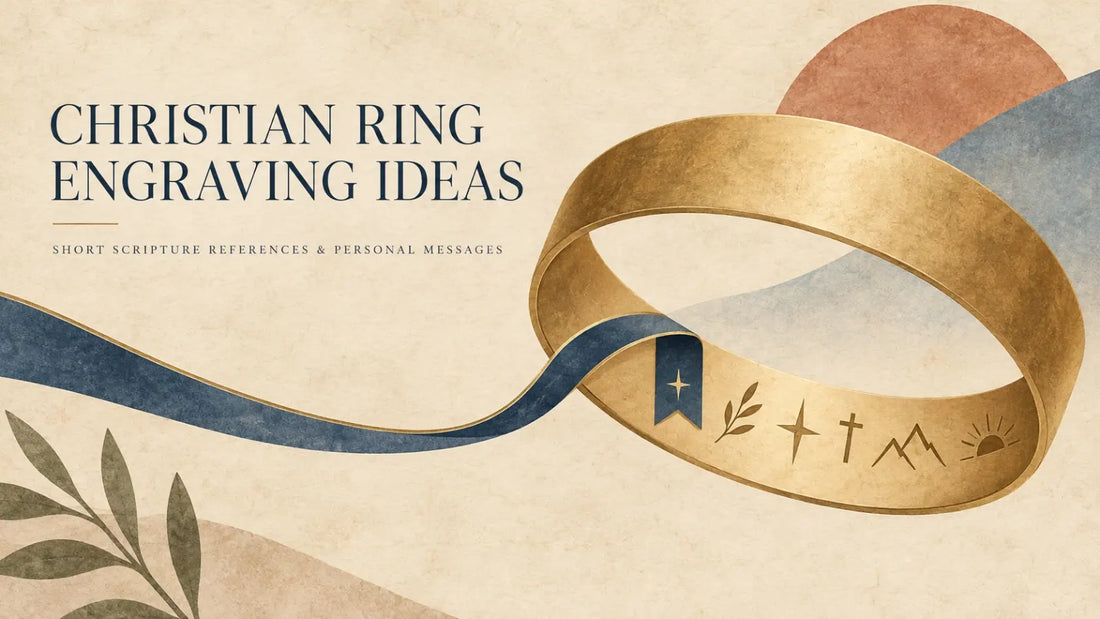 Christian ring engraved with a short Scripture reference beside an open Bible and engraving tools