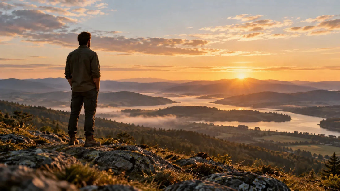 A person standing calmly in a wide landscape at sunrise, reflecting confidence rooted in God rather than self.