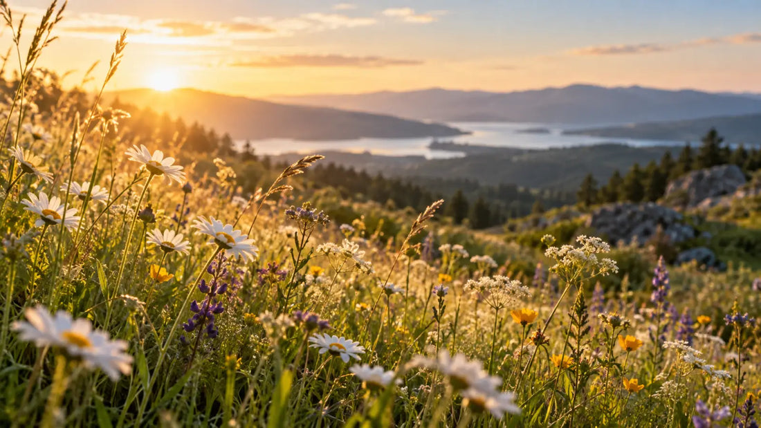 Wildflowers moving gently in a sunlit field, reflecting Jesus' teaching in Matthew 6:28 about worry and trust.