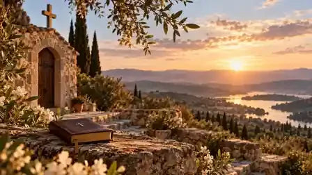 Open Bible in warm dawn light with a quiet Christian landscape.