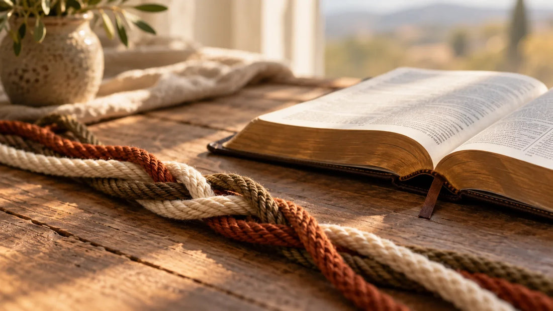 Three intertwined strands of cord resting beside an open Bible, illustrating Ecclesiastes 4:12.