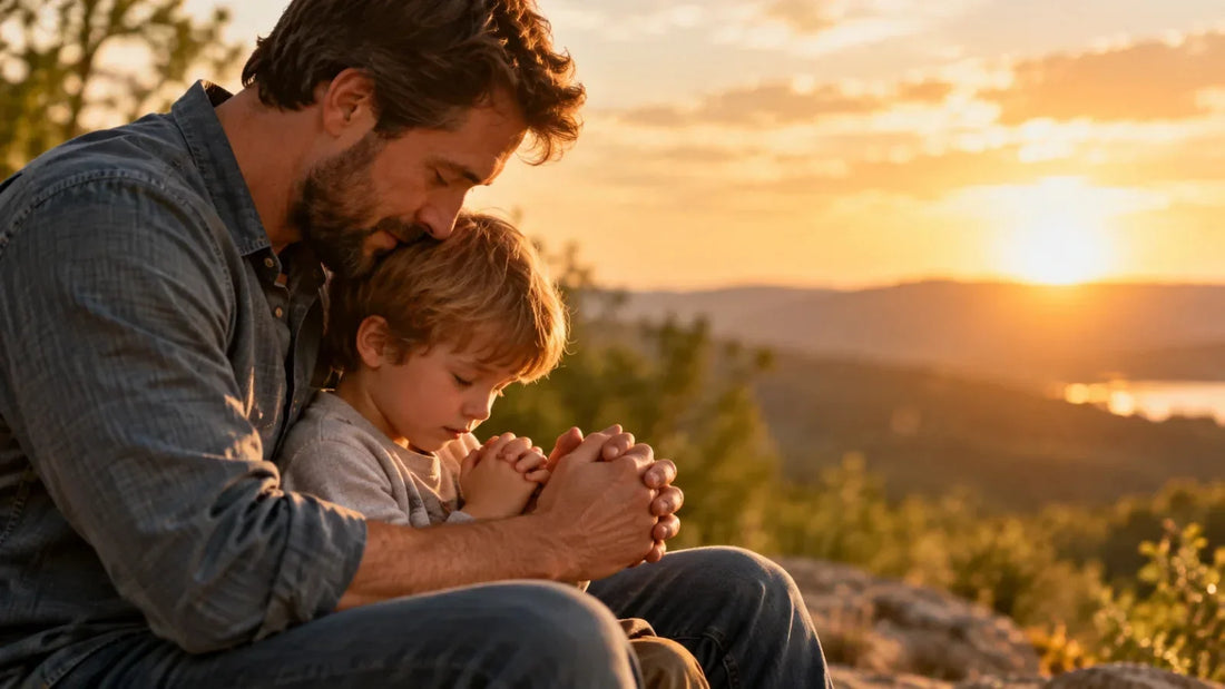 Father and child sharing a quiet moment together in warm natural light for a Father's Day prayer.