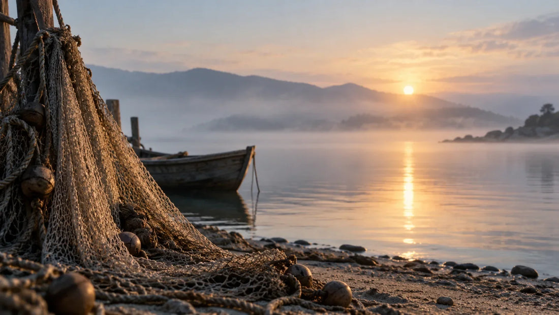 Fishing nets beside a quiet shoreline at dawn, illustrating Jesus' call to become fishers of men in Matthew 4:19.