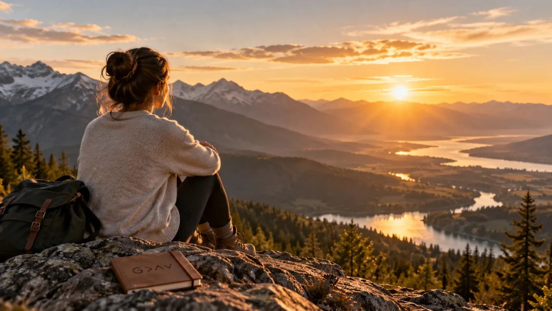Woman overlooking mountain peaks and a valley at golden hour