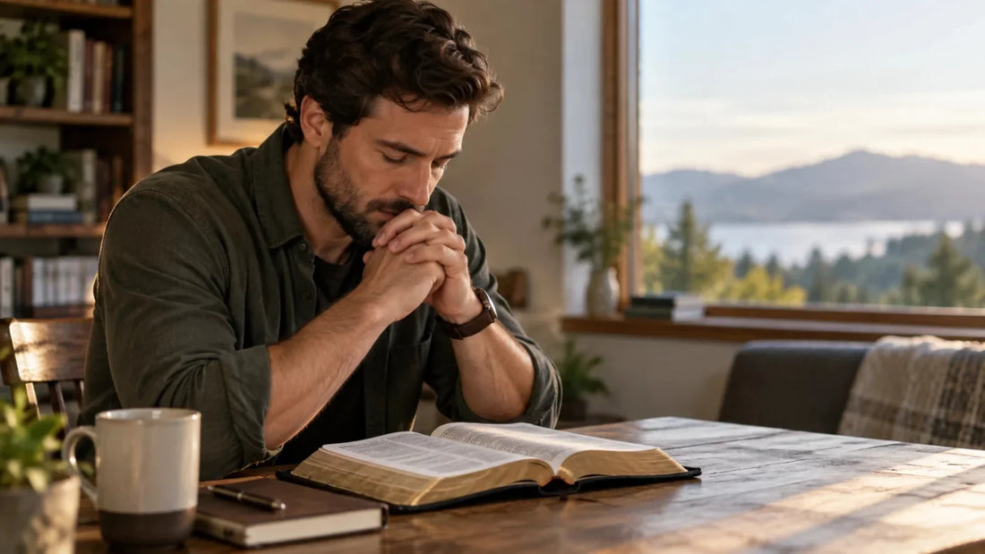 Man praying at a table beside an open Bible in soft morning light