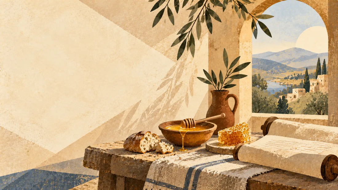 Jar of honey and honeycomb beside an open Bible on a wooden table