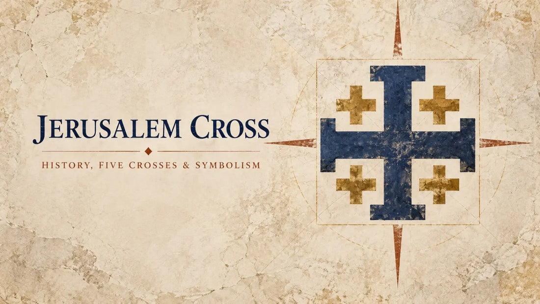 Classic five-part Jerusalem cross carved in pale limestone beside an old Jerusalem stone wall