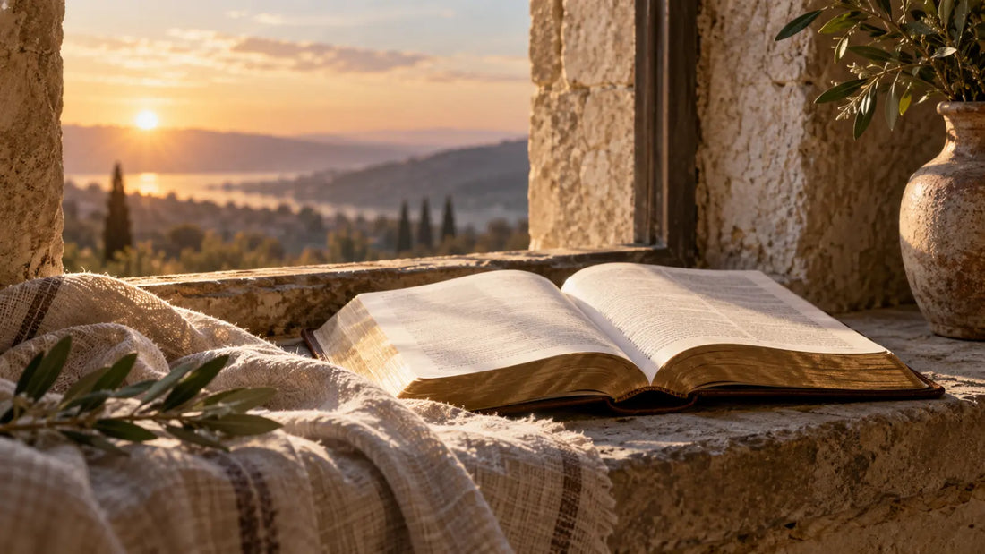Open Bible on a stone windowsill at dawn with warm light falling across the pages