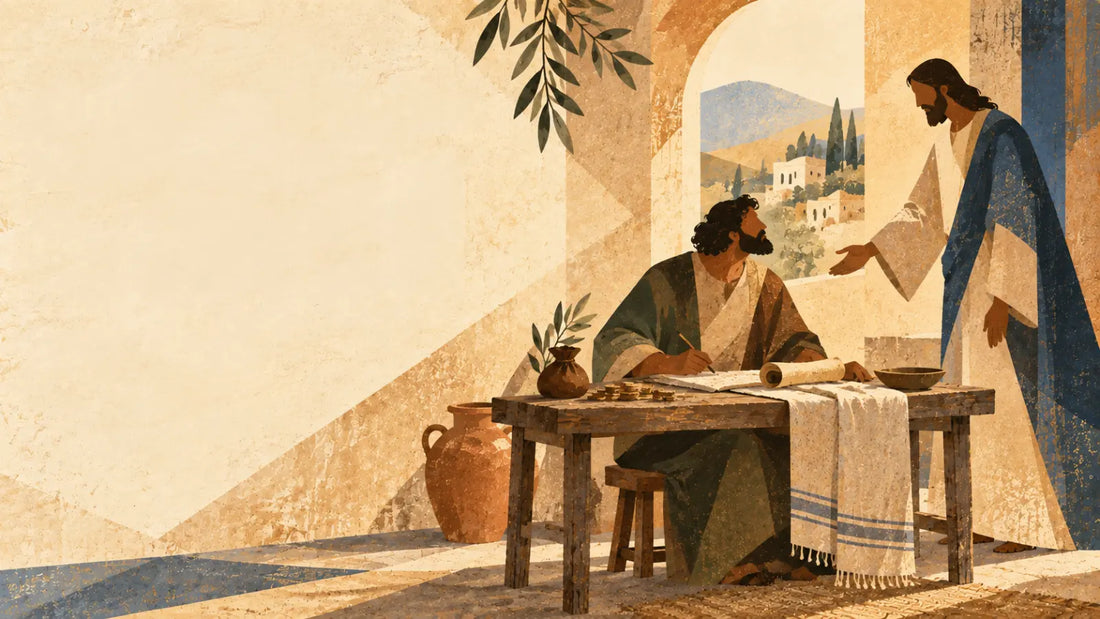 Empty wooden tax table beside a sunlit stone street in a first-century Galilean town