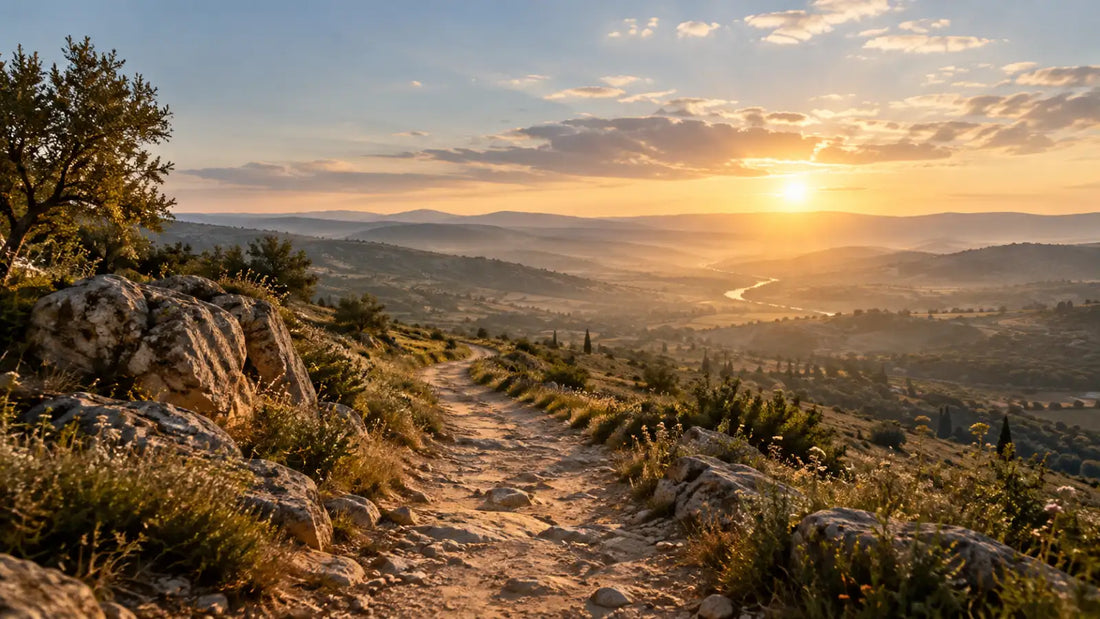 A solitary path opening into soft morning light, reflecting the biblical theme of new beginnings and renewal.