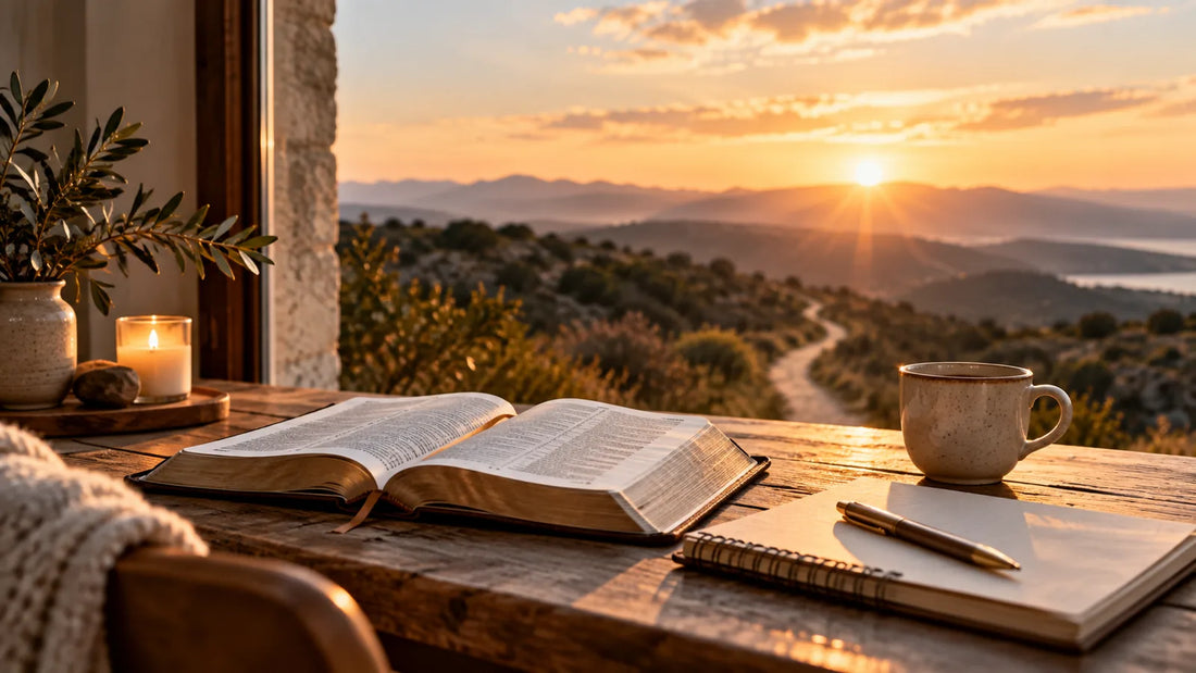 Open Bible and journal beside a window overlooking a quiet path at dawn
