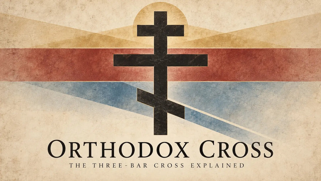 Dark bronze three-bar Russian Orthodox cross with slanted lower footrest photographed against stone