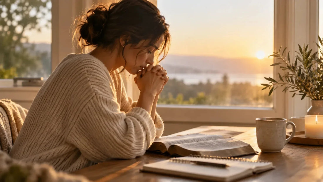 Woman praying beside an open Bible by a window in warm morning light