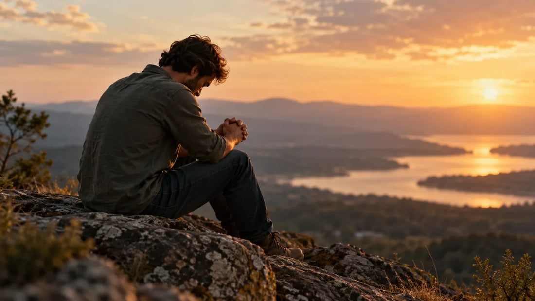 A man sitting quietly in reflective prayer during a difficult season, surrounded by calm natural light.