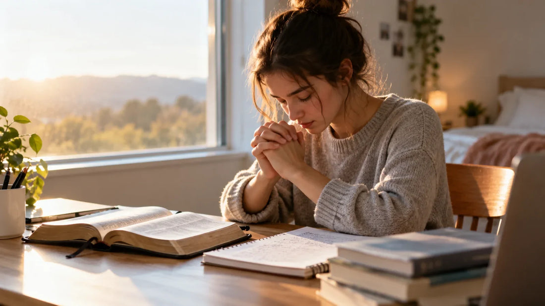 A student studying beside an open Bible in soft natural light, reflecting prayer for school, wisdom, and exams.