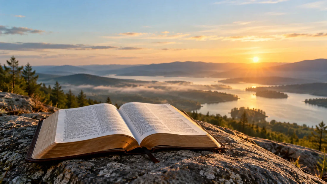 An open Bible overlooking a broad landscape at morning light, reflecting Psalm 33:12 and trust in God.