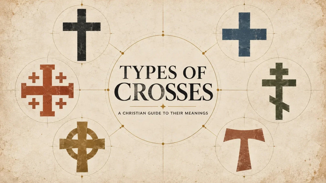 Editorial arrangement of historical Christian cross designs including Latin Greek Celtic Orthodox and Jerusalem crosses