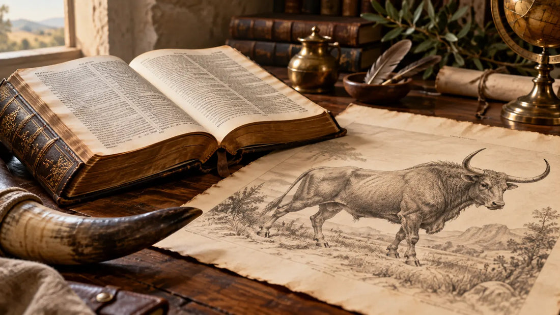 An antique Bible beside a natural-history sketch of a wild ox, illustrating a study of the KJV word unicorn.