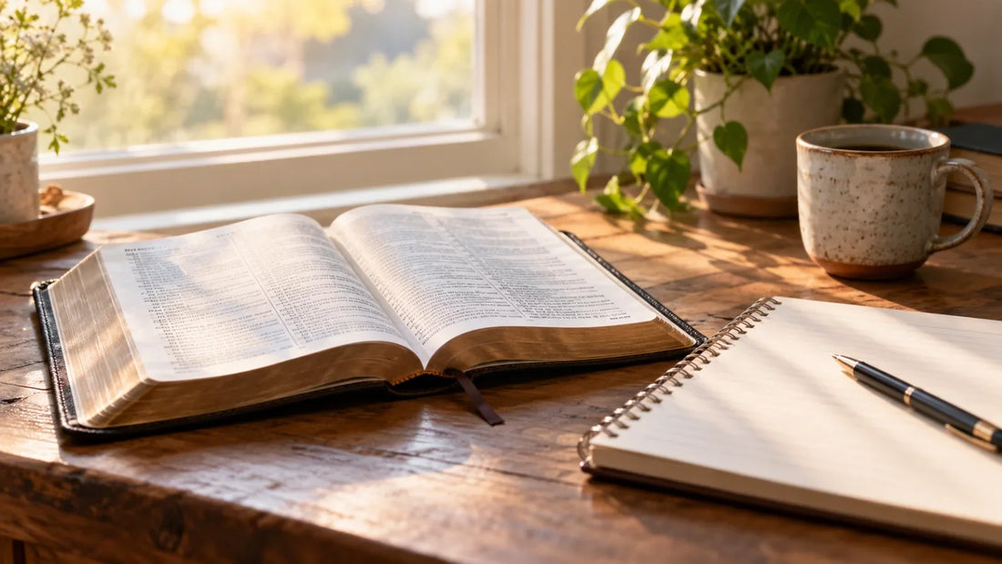 An open Bible and notebook in soft morning light.