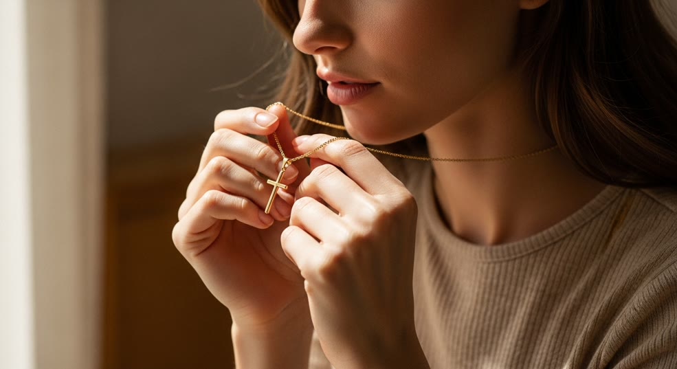 Lifestyle photo of a person wearing a simple cross necklace while outdoors in natural sunlight, casual everyday setting, warm tones, authentic moment, faith inspired jewelry