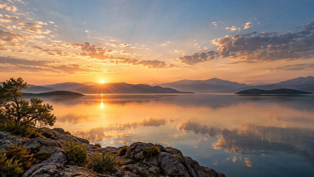 A peaceful landscape at dawn with still water and open sky, reflecting biblical peace and shalom.