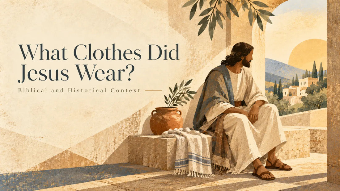 Simple tunic, mantle and sandals arranged on a sunlit stone bench