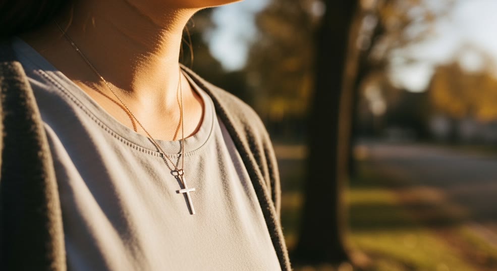 Christian woman holding cross necklace during prayer representing faith