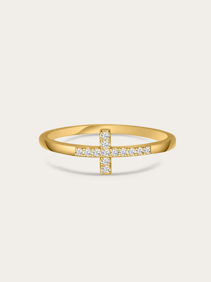 Front-facing image of the Anointed Radiance gold cross ring with pavé cubic zirconia set in a slim 18K gold-plated band