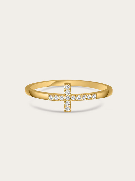 Front-facing image of the Anointed Radiance gold cross ring with pavé cubic zirconia set in a slim 18K gold-plated band