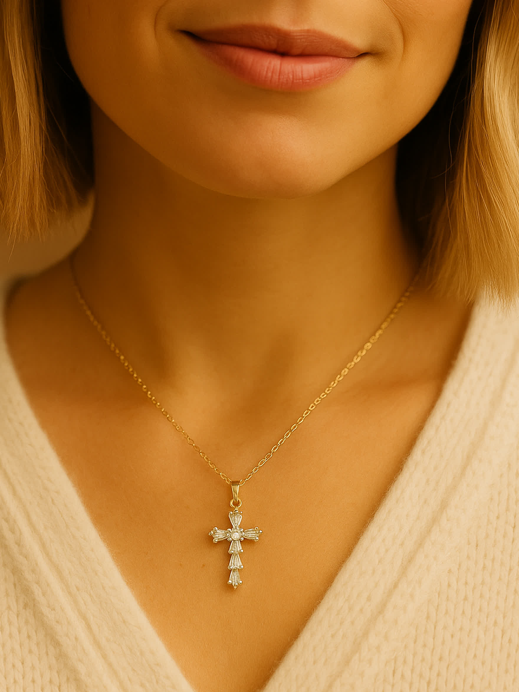 Model wearing the Divine Bloom necklace with V-neck sweater, showing how the gold cross rests gently on the collarbone
