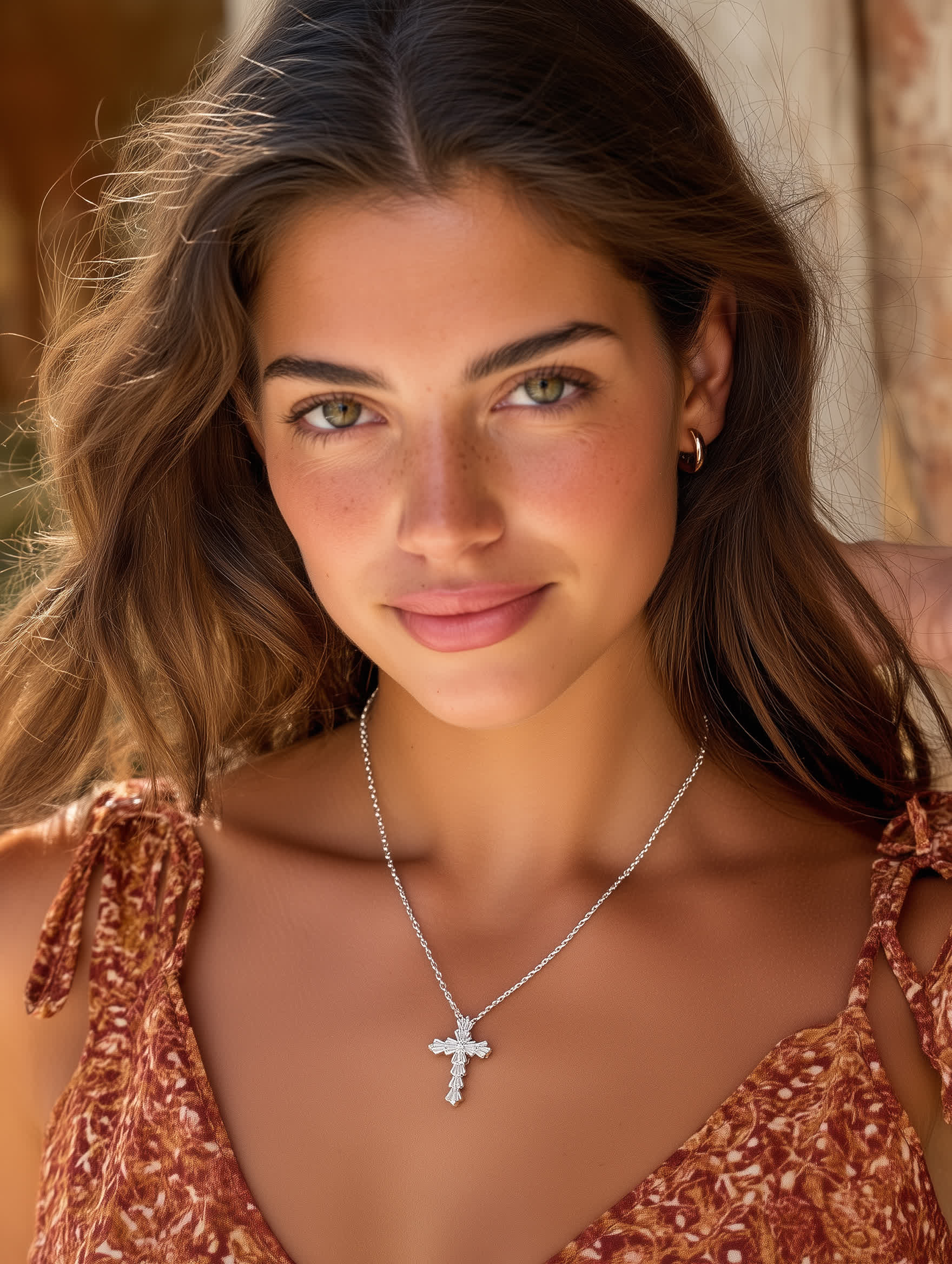 Model wearing necklace: Woman in burnt orange top wearing shimmering silver cross pendant, styled with natural makeup and wavy hair